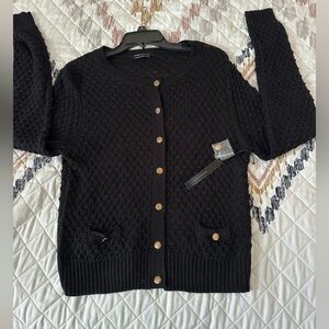 BCBGMaxAzria Crew Neck Long Sleeve Button Front Cardigan with Gold Accents. Sz L